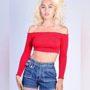 Missguided, size 4, off the shoulder long sleeve crop top. Cherry red